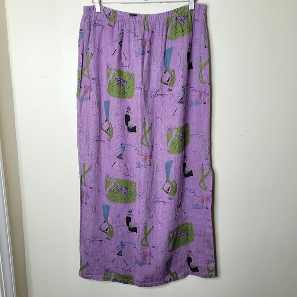 Vintage Tom Tom Linen Skirt L Artsy Cafe Print Straight Midi 90s USA - Picture 2 of 9